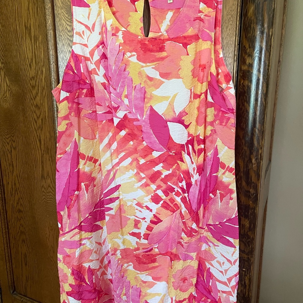 Cheerful Pink and Orange Sleeveless Crew Neck Mini Dress